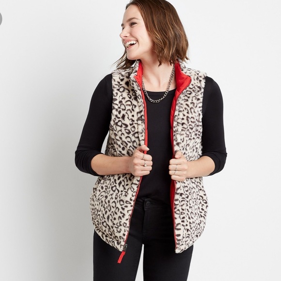 Plus Sz 1X Leopard Reversible Sherpa Zip Up Vest - Picture 8 of 17